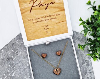 Woodgrain Heart Necklace and Earring Set, Valentines gift for her, Birthday, Anniversary jewellery, jewelry