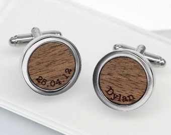 Name and Date Cufflinks, Walnut Wood Cufflinks, Childrens Names Cufflinks, Gift For Him, Gift For Dad, Walnut Wood Name And Date Cufflinks