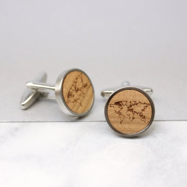 Map Cufflinks, Wooden Cufflinks, Silver Cufflinks, Personalized Map Cufflinks, Travel Gift, Gift for Him, Personalised World Map Cufflinks