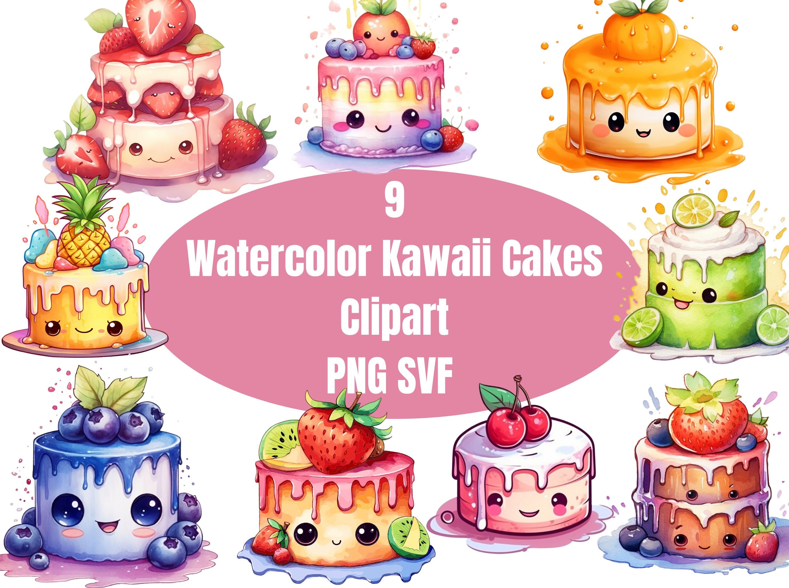 Watercolor Kawaii Cakes Clipart PNG &amp; SVG Files Digital DIY - Etsy