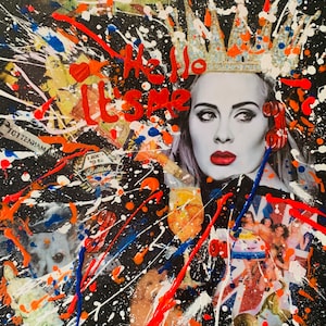 May include: Mixed media artwork on a black background featuring a portrait of a woman with a crown, red lips, and the words "Hello It's Me". The artwork includes paint splatters in white, blue, and orange, and collaged images of British flags and other elements.