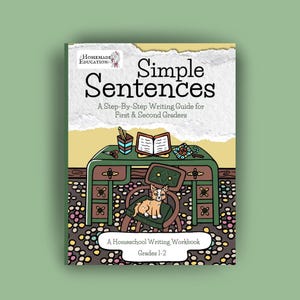 Może przedstawiać: Zeszyt ćwiczeń zatytułowany Simple Sentences: A Step-By-Step Writing Guide for First & Second Graders. Okładka zawiera ilustrację biurka, krzesła z małym płowym psem oraz przyborów szkolnych na tle podłogi z wzorzystym motywem.