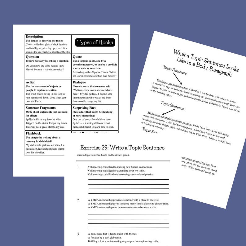 May include: Educational worksheets with text and examples on writing techniques, including 'Types of Hooks' and 'Topic Sentences.' The pages are white with black text, and the background is a dark blue.