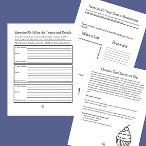 May include: Pages from a workbook with writing prompts and exercises. The pages have titles like "Exercise 12: Your Turn to Brainstorm" and "Exercise 35: Fill in the Topics and Details." The pages are white with black text and lines for writing, set against a blue background.