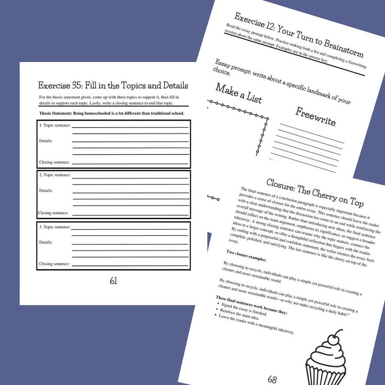 May include: Pages from a workbook with writing prompts and exercises. The pages have titles like "Exercise 12: Your Turn to Brainstorm" and "Exercise 35: Fill in the Topics and Details." The pages are white with black text and lines for writing, set against a blue background.