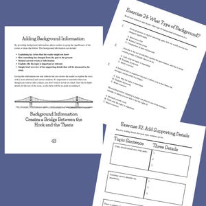 May include: Pages from a workbook with exercises on writing and background information. The pages are white with black text and include exercises on identifying background types and adding supporting details. A bridge illustration is also present.