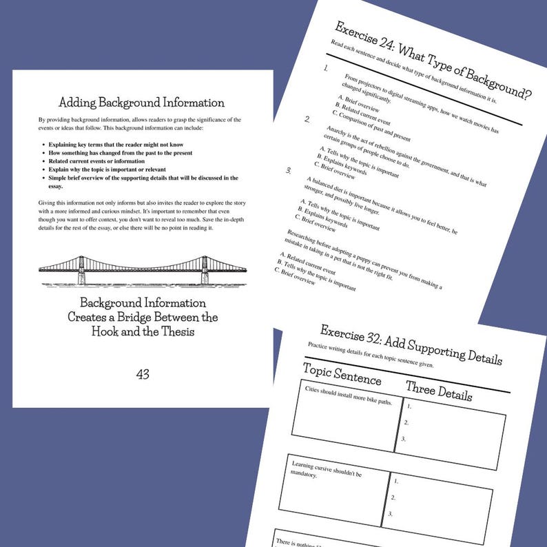 May include: Pages from a workbook with exercises on writing and background information. The pages are white with black text and include exercises on identifying background types and adding supporting details. A bridge illustration is also present.