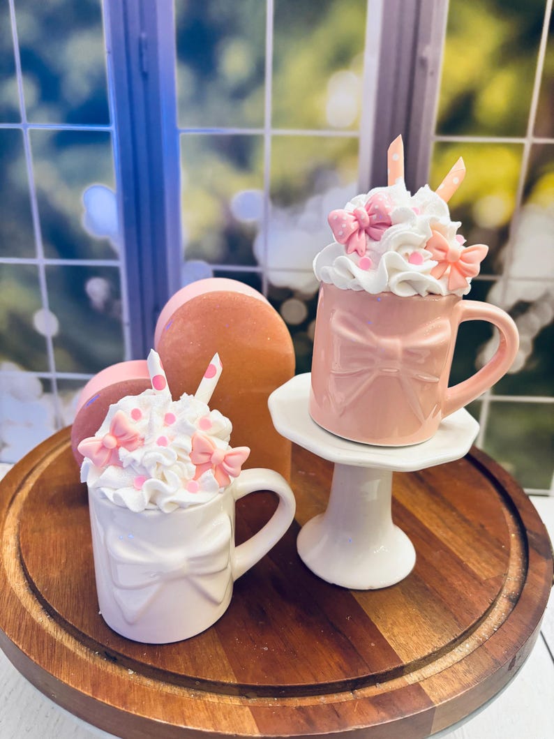 Ceramic Mini Mug Faux Icing Pink Bows Tiered Tray Decor image 3
