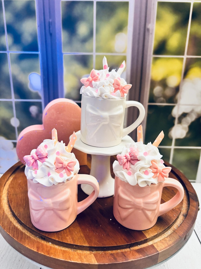 Ceramic Mini Mug Faux Icing Pink Bows Tiered Tray Decor image 5