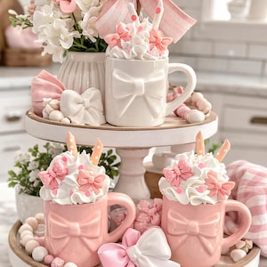 Ceramic Mini Mug Faux Icing Pink Bows Tiered Tray Decor image 1