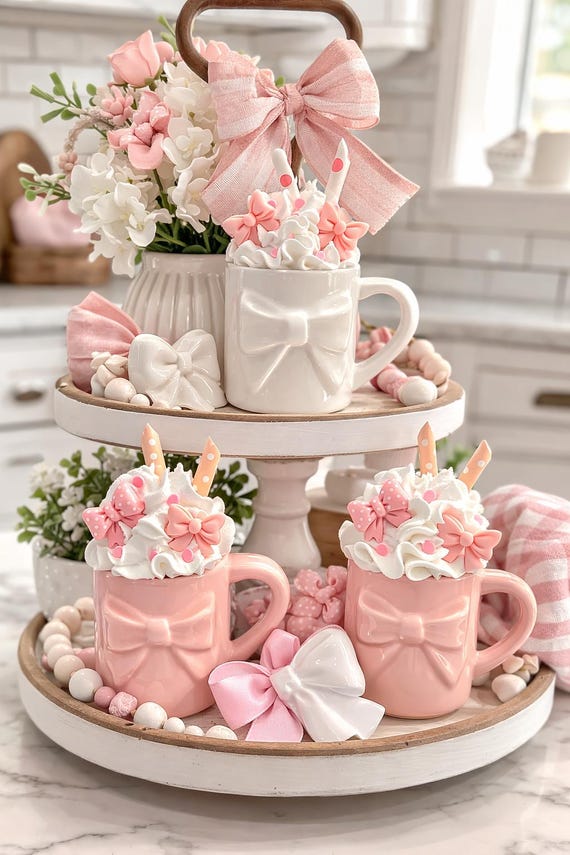 Ceramic Mini Mug Faux Icing Pink Bows Tiered Tray Decor