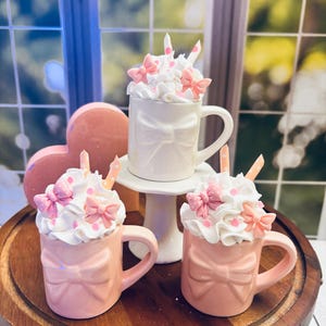 Ceramic Mini Mug Faux Icing Pink Bows Tiered Tray Decor image 4