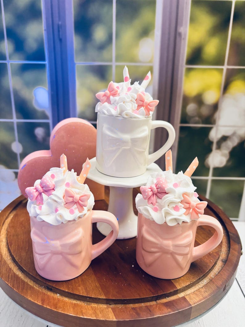 Ceramic Mini Mug Faux Icing Pink Bows Tiered Tray Decor image 4