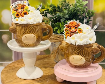 Highlander Cows Mini Ceramic Mugs- Faux Icing- Tiered Tray Decor