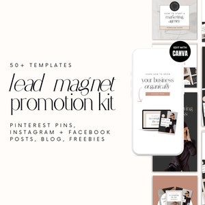 Könnte beinhalten: Ein digitales Marketing-Kit mit über 50 Vorlagen für die Lead-Magnet-Promotion. Das Kit enthält Pinterest-Pins, Instagram- und Facebook-Posts, Blog-Beiträge und Freebies. Der Text "Lernen Sie, wie Sie Ihr Geschäft organisch wachsen lassen" wird auf einem Telefonbildschirm angezeigt.
