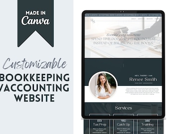 May include: A website mockup for a bookkeeping and accounting service. The website features a photo of a woman, the text "bookkeeping solutions", and a call to action to "spend time doing what you do best instead of balancing the books". The website also includes a section for services, which includes "Tax Prep", "Catch Up", and "Training".