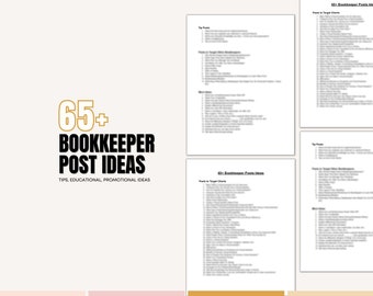 May include: A light beige background with the text "65+ BOOKKEEPER POST IDEAS" in black and gold. Below the title are the words "TIPS, EDUCATIONAL, PROMOTIONAL IDEAS". Several pages of text are visible, listing ideas for bookkeepers.