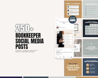 May include: Image featuring social media templates for bookkeepers. The text reads "250+ Bookkeeper Social Media Posts" with additional information about the content. Various social media post examples are displayed, including "How to Book?" and "Monthly Offers."