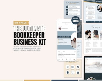 May include: A social media kit for bookkeepers, featuring a blue and white color scheme. The kit includes 40 pieces, including social media posts, business cards, flyers, a website, a service guide, and more. The kit is valued at $75.