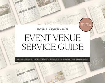 May include: A 24-page editable template for an event venue service guide. The guide includes prompts, price information, booking details, a tour, Q&A, and more. The template is designed in a minimalist style with a beige background and black text.