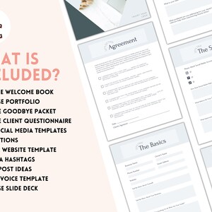 May include: A pink and white graphic with the text "What is Included?" and a list of items included in a virtual assistant package. The items include a welcome book, portfolio, goodbye packet, client questionnaire, social media templates, captions, website template, hashtags, post ideas, invoice template, and a slide deck.