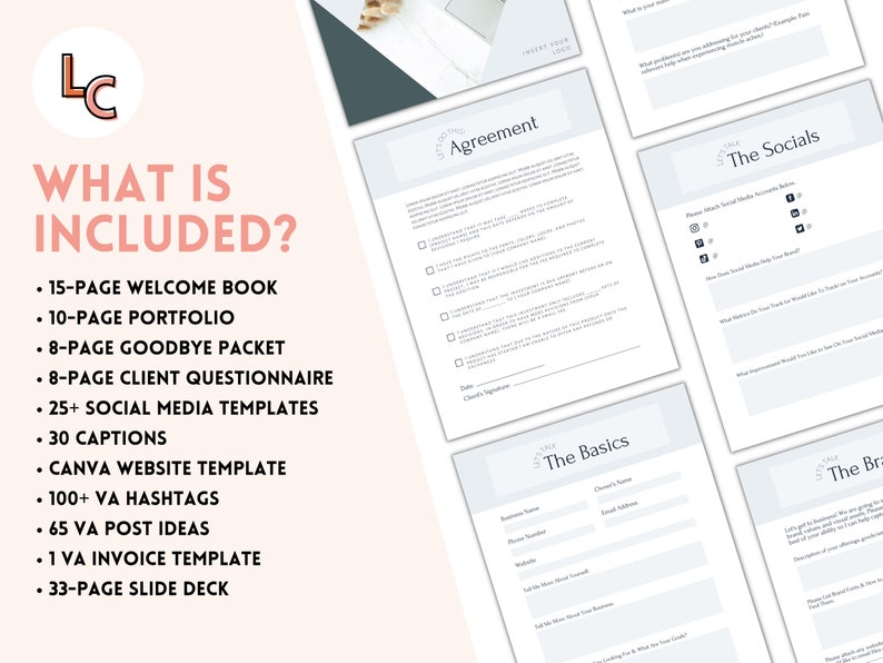 May include: A pink and white graphic with the text "What is Included?" and a list of items included in a virtual assistant package. The items include a welcome book, portfolio, goodbye packet, client questionnaire, social media templates, captions, website template, hashtags, post ideas, invoice template, and a slide deck.