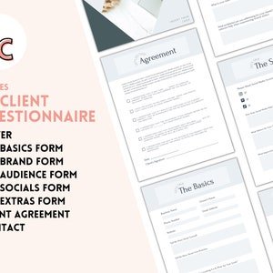 May include: A printable 8-page VA Client Questionnaire with sections for cover, basics, brand, audience, socials, extras, client agreement, and contact.