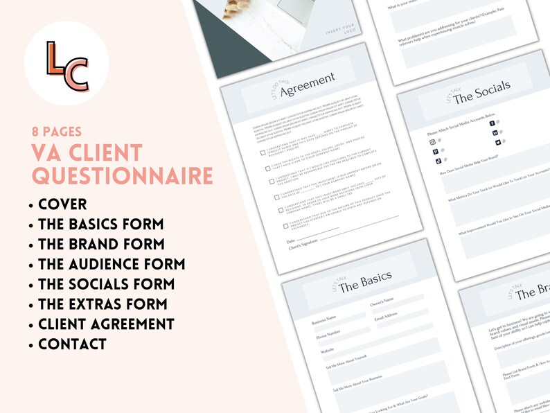May include: A printable 8-page VA Client Questionnaire with sections for cover, basics, brand, audience, socials, extras, client agreement, and contact.