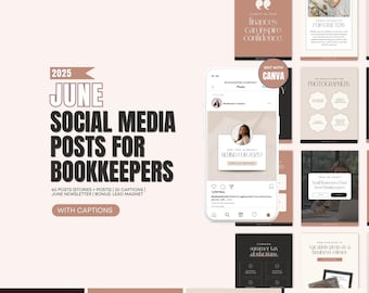 Puede incluir: Un kit de marketing digital para contables con el texto "2025 Junio Publicaciones en redes sociales para contables" y "60 publicaciones (historias + publicaciones) | 30 leyendas | Boletín de junio | Bono: Imán principal | Con leyendas". El kit incluye una variedad de publicaciones en redes sociales, historias y leyendas que se pueden usar para promover los servicios de contabilidad. El kit está diseñado para ayudar a los contables a hacer crecer su negocio y llegar a nuevos clientes.