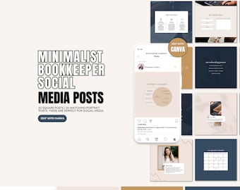 May include: A set of 20 minimalist social media posts for bookkeepers. The posts feature a blue and beige color scheme and include text such as "Bookkeeper vs. Tax Preparer" and "Our onboarding process". The text "EDIT WITH CANVA" appears on a red circle.
