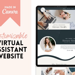 Può includere: Un modello di sito web di assistente virtuale personalizzabile con uno sfondo blu scuro e una sovrapposizione di testo bianco. Il sito web presenta una foto di una donna che lavora su un laptop, una sezione con il testo "Assistenza virtuale Renee Smith" e una sezione con il testo "Ciao, sono Renee Smith Il tuo prossimo assistente virtuale".