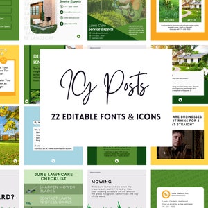 Puede incluir: Un collage de 10 plantillas de publicaciones de Instagram para empresas de cuidado de c&eacute;sped. Las plantillas presentan esquemas de colores verde y amarillo con texto que incluye "DO'S & DONT'S LAWN CARE", "Consejos para el cuidado del c&eacute;sped", "&iquest;C&oacute;mo hacer crecer un c&eacute;sped verde?", "Lista de verificaci&oacute;n de cuidado del c&eacute;sped de junio", "Corte", "Deshierbe", "&iquest;Las empresas llueven durante 4/5 d&iacute;as seguidos?" y "Expertos en cuidado del c&eacute;sped".
