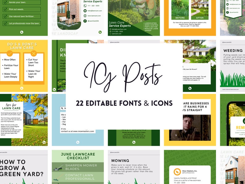 Puede incluir: Un collage de 10 plantillas de publicaciones de Instagram para empresas de cuidado de c&eacute;sped. Las plantillas presentan esquemas de colores verde y amarillo con texto que incluye "DO'S & DONT'S LAWN CARE", "Consejos para el cuidado del c&eacute;sped", "&iquest;C&oacute;mo hacer crecer un c&eacute;sped verde?", "Lista de verificaci&oacute;n de cuidado del c&eacute;sped de junio", "Corte", "Deshierbe", "&iquest;Las empresas llueven durante 4/5 d&iacute;as seguidos?" y "Expertos en cuidado del c&eacute;sped".