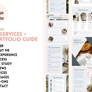 May include: A 10-page guide for virtual assistants, featuring a cover page with the initials "LC" and a list of topics including "About Me", "My Experience", "Process", "Case Study", "Reviews", "Services", "Packages", "Add-ons", and "Contact".