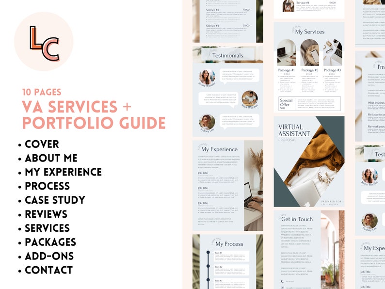 May include: A 10-page guide for virtual assistants, featuring a cover page with the initials "LC" and a list of topics including "About Me", "My Experience", "Process", "Case Study", "Reviews", "Services", "Packages", "Add-ons", and "Contact".