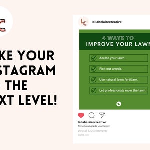 Puede incluir: Una publicaci&oacute;n de Instagram verde con el texto "4 WAYS TO IMPROVE YOUR LAWN" y una lista de verificaci&oacute;n de cuatro consejos para el cuidado del c&eacute;sped: airear el c&eacute;sped, eliminar las malas hierbas, usar fertilizante natural para c&eacute;sped y dejar que los profesionales corten el c&eacute;sped.