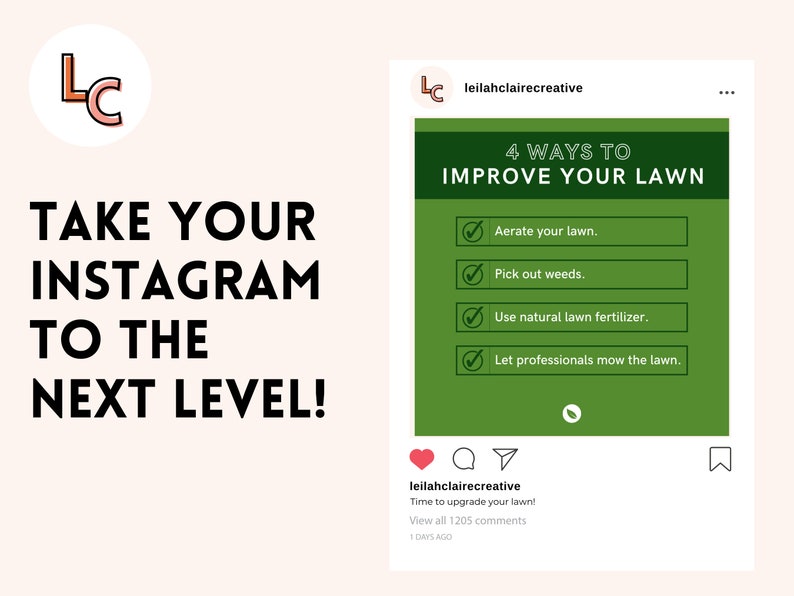 Puede incluir: Una publicaci&oacute;n de Instagram verde con el texto "4 WAYS TO IMPROVE YOUR LAWN" y una lista de verificaci&oacute;n de cuatro consejos para el cuidado del c&eacute;sped: airear el c&eacute;sped, eliminar las malas hierbas, usar fertilizante natural para c&eacute;sped y dejar que los profesionales corten el c&eacute;sped.