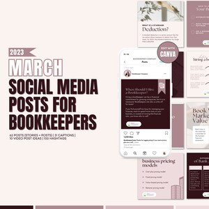 2023 March Bookkeeping Posts | March Bookkeeper Marketing | Captions and Hashtags for Financial Services | Social Media Finance | March
