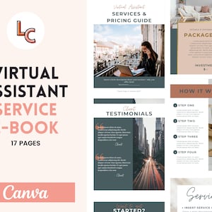 May include: A digital marketing ebook cover with a pink and white colour scheme. The cover features the text "Virtual Assistant Service E-Book" and "17 Pages". The cover also includes a logo with the letters "LC" in a circle.