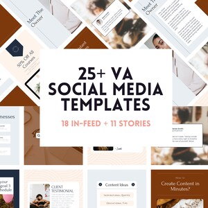 May include: A collage of social media templates for virtual assistants. The templates feature a variety of designs, including text, images, and graphics. The text includes phrases like "Meet the Owner", "New VA Businesses", "Content Ideas", and "Create Content in Minutes?"