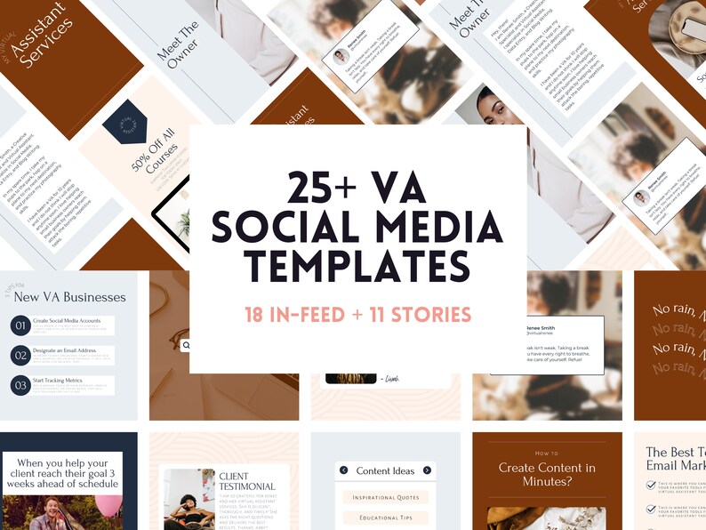 May include: A collage of social media templates for virtual assistants. The templates feature a variety of designs, including text, images, and graphics. The text includes phrases like "Meet the Owner", "New VA Businesses", "Content Ideas", and "Create Content in Minutes?"