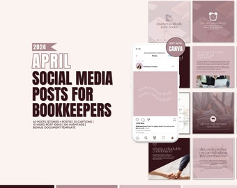 Pode incluir: Um modelo de postagem de mídia social rosa e marrom para contadores. O modelo inclui 60 postagens, 30 legendas, 10 ideias de postagens de vídeo, 100 hashtags e um modelo de documento bônus. O texto no modelo diz "2024 Abril Postagens de mídia social para contadores".