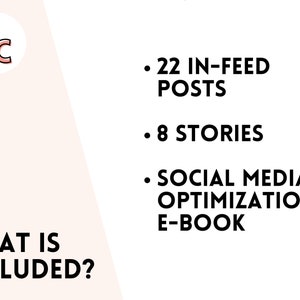 Puede incluir: Un gr&aacute;fico con el texto "WHAT IS INCLUDED?" y una lista de elementos incluidos en un paquete de redes sociales: 22 publicaciones en el feed, 8 historias y un libro electr&oacute;nico de optimizaci&oacute;n de redes sociales.
