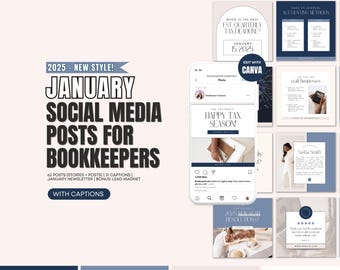 Pode incluir: Uma coleção de modelos de postagens de mídia social para contadores, com um esquema de cores azul e branco com texto que diz "January Social Media Posts for Bookkeepers" e "Happy Tax Season".