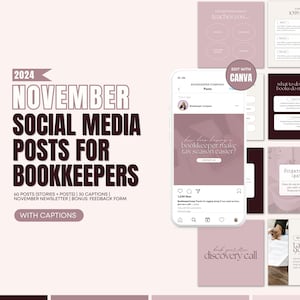 November 2024 Bookkeeping Posts WITH CAPTIONS | November Bookkeeper Marketing | Captions and Hashtags for Financial Services | Accountant