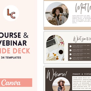 May include: A slide deck template for courses and webinars with 34 templates. The template features a brown and beige color scheme with images of a woman, a laptop, and a cup of coffee. The text "Meet Me", "What you'll learn", and "Welcome!" is included in the template.