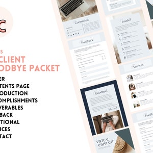 May include: A blue and white 8-page document titled "VA Client Goodbye Packet" with a list of topics including "Cover", "Contents Page", "Introduction", "Accomplishments", "Deliverables", "Feedback", "Additional Services", and "Contact".