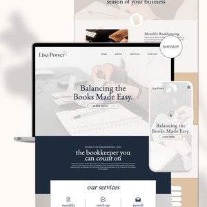 May include: A website homepage for a bookkeeping service called "Lisa Power". The website features a photo of a hand holding a stack of bills and a notebook. The text "Balancing the Books Made Easy." is displayed on the website. The website also features a list of services offered, including monthly bookkeeping, catch-up bookkeeping, and payroll.