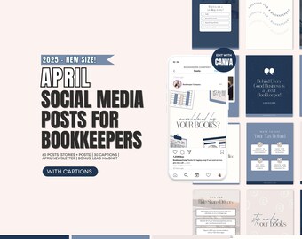 Pode incluir: Um kit de marketing digital para contabilistas com um esquema de cores azul e branco. O kit inclui 60 postagens de mídia social, 30 legendas, um boletim de abril e um ímã de leads. O texto "2025 - Novo tamanho! Postagens de mídia social de abril para contabilistas" é exibido em texto preto sobre fundo branco. O texto "Editar com Canva" é exibido em texto branco sobre fundo azul. O texto "Sobrecarregado com seus livros?" é exibido em texto preto sobre fundo branco. O texto "Por trás de todo bom negócio, há um ótimo contador!" é exibido em texto branco sobre fundo azul. O texto "O que você está esperando?" é exibido em texto branco sobre fundo azul. O texto "Dicas para motoristas de compartilhamento de viagens" é exibido em texto branco sobre fundo azul. O texto "Pare de estressar seus livros" é exibido em texto branco sobre fundo azul.