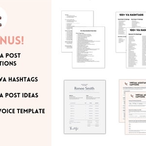 May include: A pink and white graphic with the text "LC BONUS!" and a list of bonus items: 30 VA post captions, 100 VA hashtags, 65 VA post ideas, and 1 invoice template.